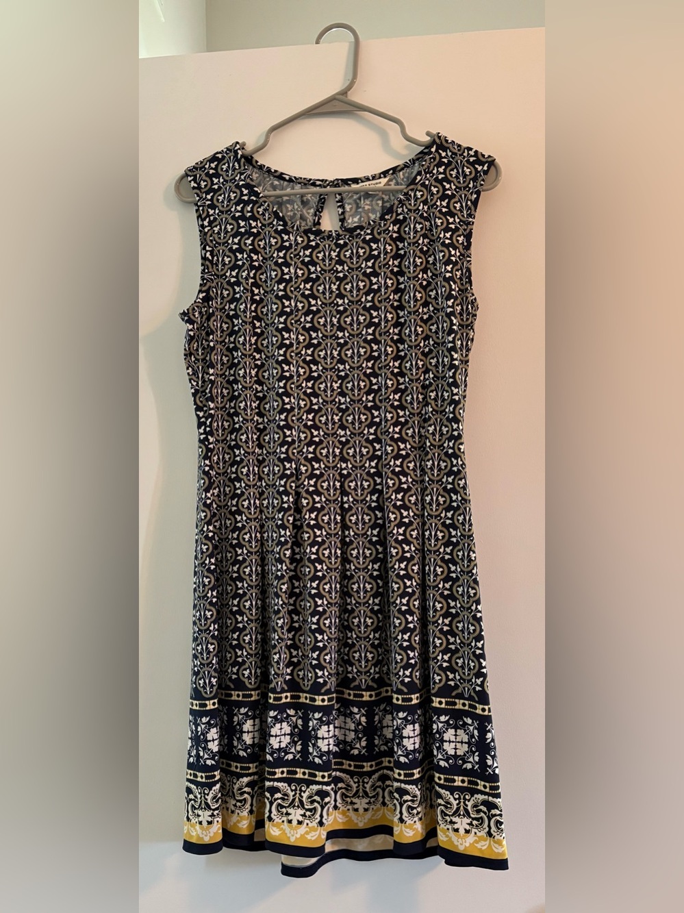 Max Studio Navy, White & Gold Printed Sleeveless Fit-and-Flare Mini Dress